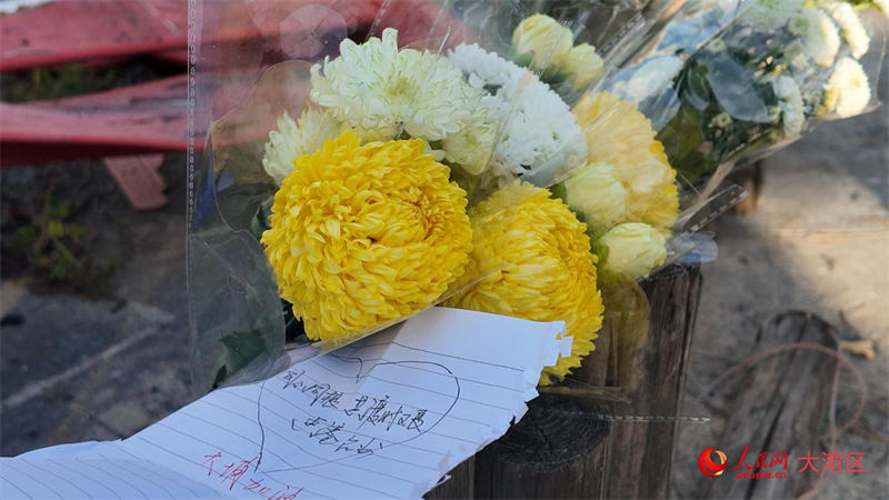 香港大埔宏福苑附近公园，市民放置寄托哀思的花束和卡片。人民网 严小晶摄